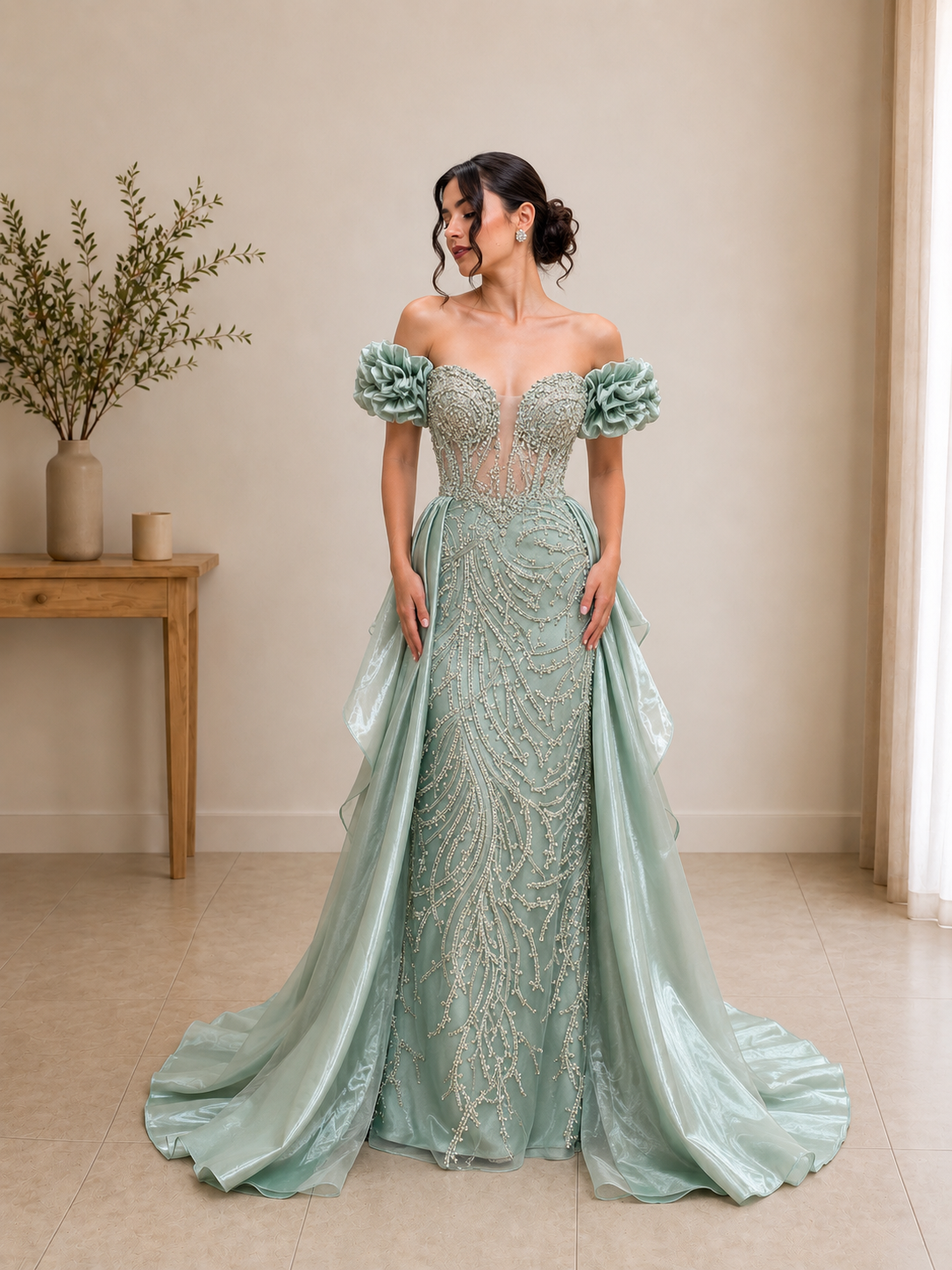 Robe de soirée à épaulettes vert d'eau